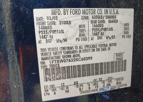 2002 Ford F-150 Lariat/Xlt из США, поврежденный, VIN 1FTRW07632KC68399